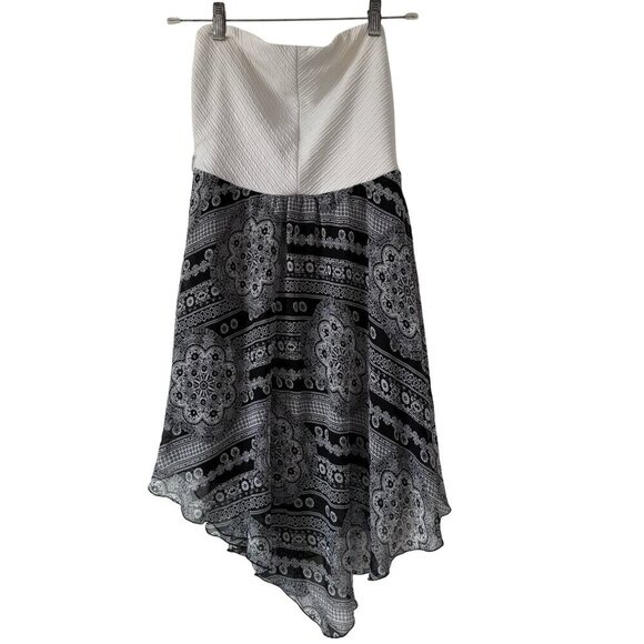 Boho Strapless Handkerchief Hem Midi Dress Black White Print Size Small - Picture 2 of 5